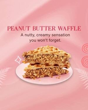A stack of peanut butter waffles on a pink plate with a pink background.