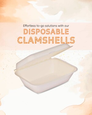 White disposable clamshell food container on a peach and white background with text overlay.