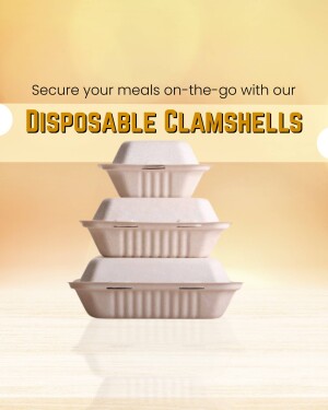 Stack of white disposable clamshell food containers on a gradient background.