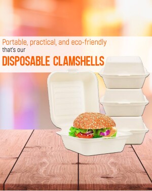 Stack of white disposable clamshell food containers with a burger inside one