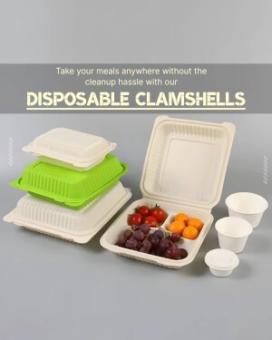 Stack of disposable clamshell food containers with food inside