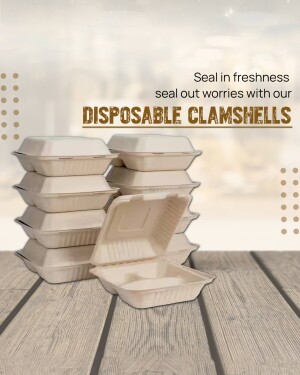 Stack of disposable clamshell food containers on a wooden surface