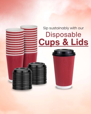 Red disposable paper cups and black lids stacked together, promoting sustainable sipping.