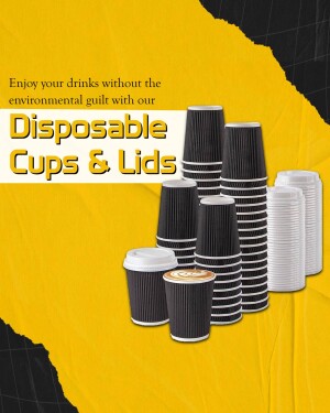 Stack of disposable paper cups and lids with a yellow and black background.