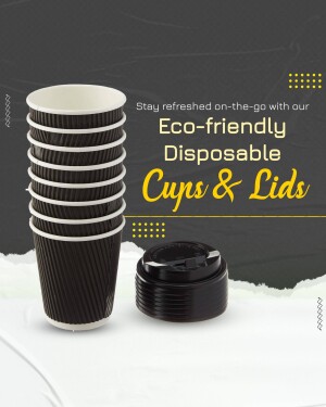 Stack of black disposable paper cups with lids