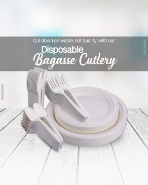 White disposable cutlery and plates made from bagasse sugarcane fiber, promoting sustainable dining.
