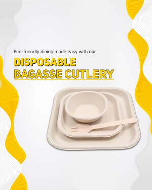 A promotional image showcasing a set of disposable bagasse cutlery on a tray.