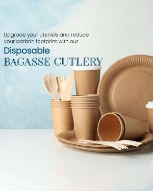 A still life of disposable bagasse plates, cups, and cutlery promoting eco-friendly alternatives.