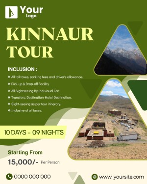 Kinnaur Tour Package advertisement with scenic mountain views and tour details.