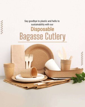 A still life of disposable bagasse cutlery, plates, and cups arranged on a neutral background with a green leaf.