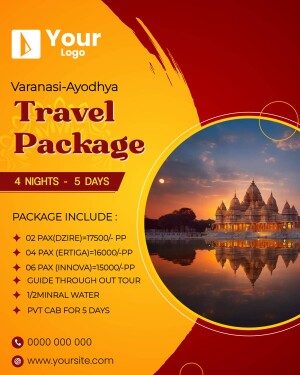 Flyer advertising a 4 night, 5 day travel package to Varanasi and Ayodhya.