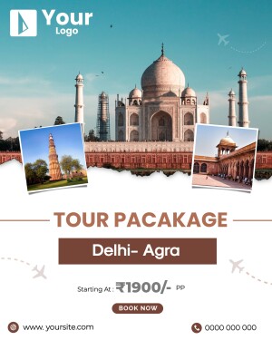 Travel poster featuring the Taj Mahal and Qutub Minar, promoting a tour package to Delhi and Agra.