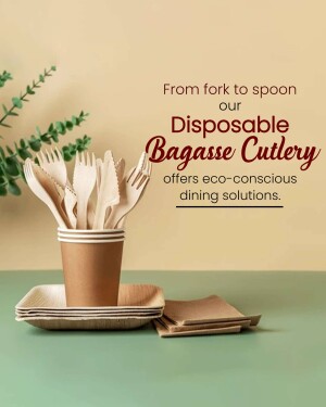 A collection of disposable bagasse cutlery in a cup with plates and napkins, promoting eco-conscious dining.