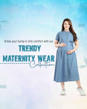 Woman wearing a blue maternity dress, promoting trendy maternity wear.