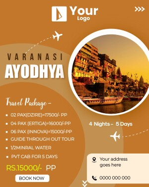 Travel package advertisement for Varanasi and Ayodhya with pricing details.