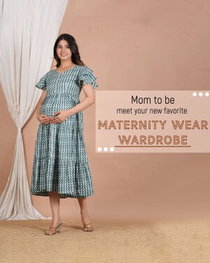 Woman wearing a patterned maternity dress