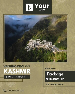 Vaishno Devi and Kashmir tour package advertisement with scenic mountain view.