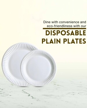 Two white disposable paper plates on a marble surface with text promoting eco-friendly dining.