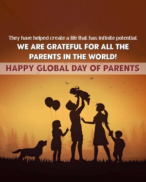 Silhouette of a family celebrating Global Day of Parents with text overlay.