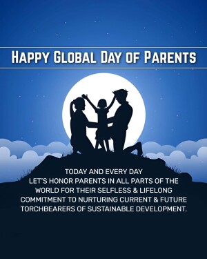 Silhouette of a family with a child reaching up to parents against a moonlit background, celebrating Global Day of Parents.