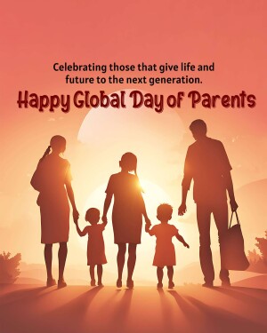 Silhouette of a family with two children holding hands against a sunset background, celebrating Global Day of Parents.