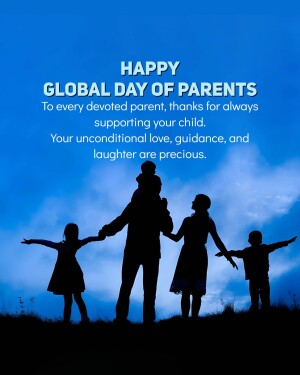 Silhouette of a family with children against a blue sky with clouds, celebrating Global Day of Parents.