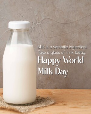 A glass bottle of milk with text celebrating World Milk Day.