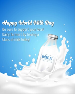 Image promoting World Milk Day with a glass of milk and splash.