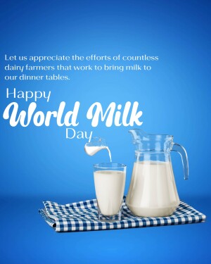 Image celebrating World Milk Day with a glass and pitcher of milk.