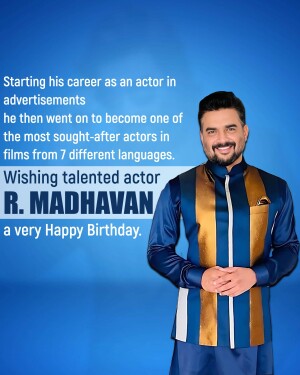 Portrait of R. Madhavan with birthday wishes