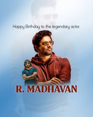 Poster celebrating R. Madhavan's birthday featuring the actor in a double exposure.
