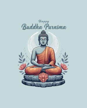 Illustration of Buddha in a meditative pose with the text 'Happy Buddha Purnima'