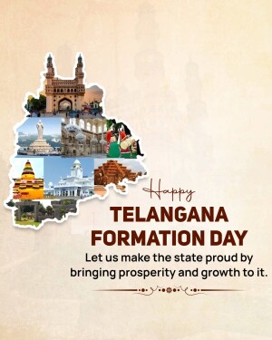 Telangana Formation Day greeting with state map and landmarks