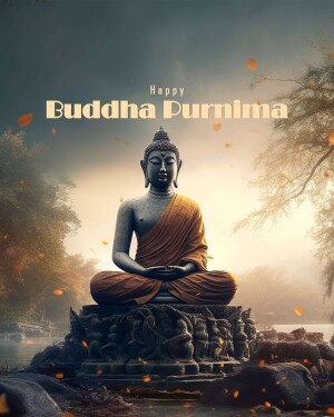 Image of Buddha meditating on a stone base with falling leaves, celebrating Buddha Purnima.