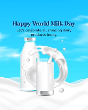 Image celebrating World Milk Day with a glass and bottle of milk.