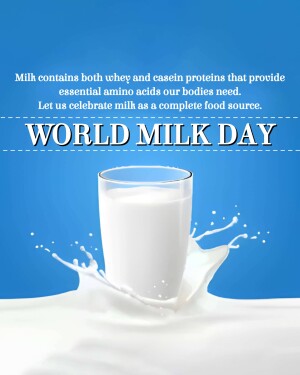 A glass of milk with splash and text celebrating World Milk Day