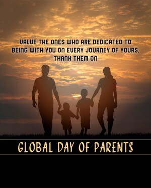 Silhouette of a family walking towards a sunset, celebrating Global Day of Parents.