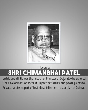 Black and white portrait of Shri Chimanbhai Patel, the first Chief Minister of Gujarat.