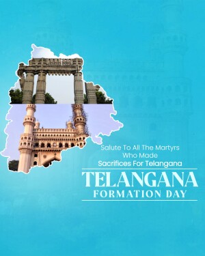 Image commemorating Telangana Formation Day with landmarks and state outline.