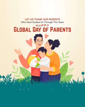 Illustration of a family embracing with text 'Let us thank our parents - Global Day of Parents'