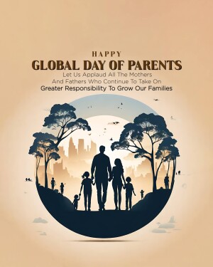 Silhouette of a family walking towards a cityscape under a full moon, celebrating Global Day of Parents.