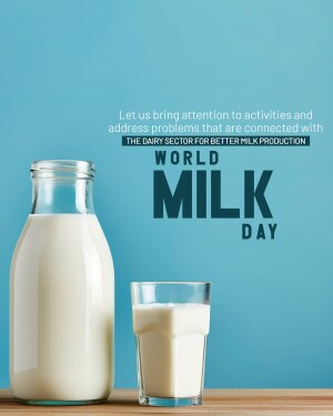 A glass bottle and a glass of milk on a wooden surface with 'World Milk Day' text.
