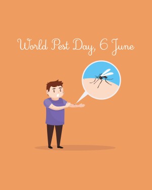Illustration of a man being bitten by a mosquito with text 'World Pest Day, 6 June'