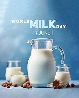 A promotional image for World Milk Day featuring a pitcher and glasses of milk with cocoa beans.