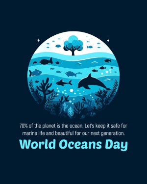Illustration of marine life within a circular ocean scene with text promoting World Oceans Day.