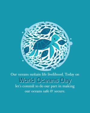 Illustration of a sea turtle swimming amongst fish with text celebrating World Oceans Day.