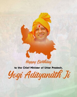 Portrait of Yogi Adityanath with a map of Uttar Pradesh and birthday greetings