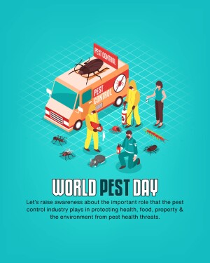 Isometric illustration of pest control services with a van, workers, and various pests.