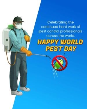 Illustration of a pest control worker spraying insecticide with the text 'Happy Pest Day'.