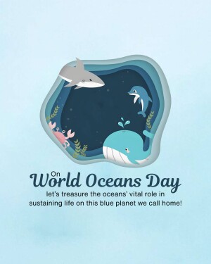 Illustration of marine life including a whale, dolphin, shark, and crab with the text 'World Oceans Day'